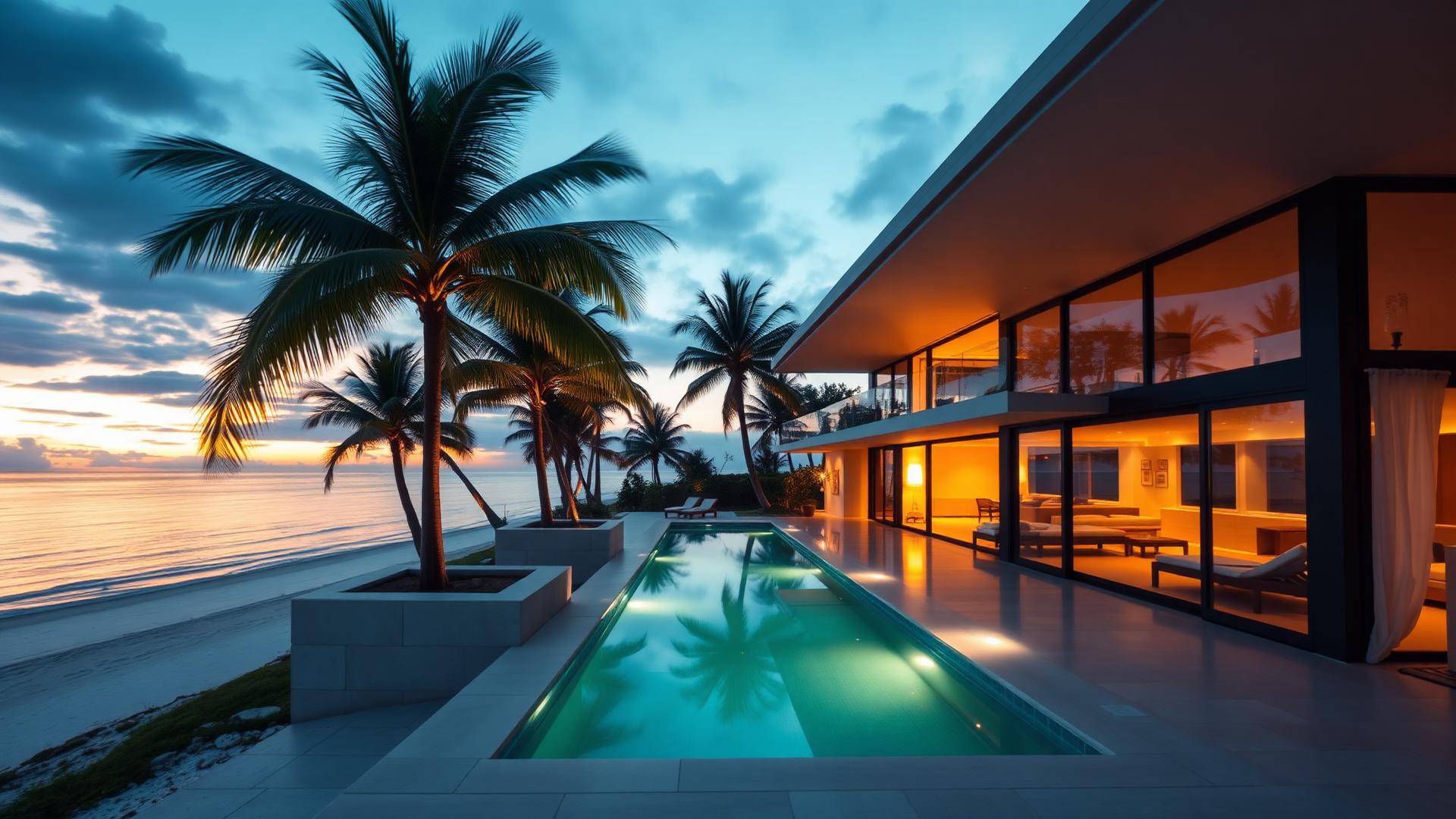 Villa moderne au bord de mer au coucher du soleil
